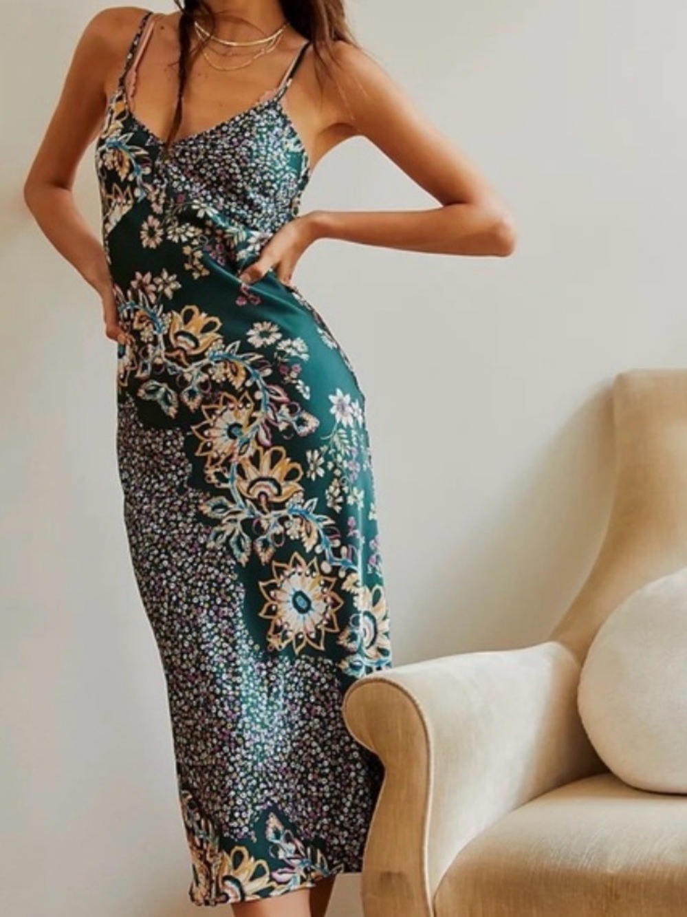 Free People Emerald Green Floral Slip Midi Dress